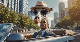 a person in sunglasses and a suit standing on the back of a car