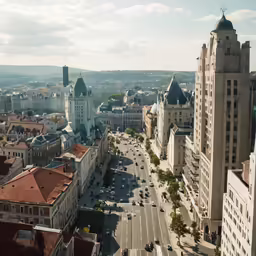 an aerial view of buildings in the city