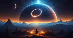man standing in the middle of an alien landscape, next to fire