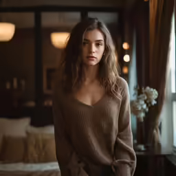 a woman is sitting on the bed and wearing a sweater