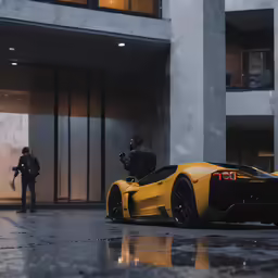 a yellow car in the rain with a man looking at it