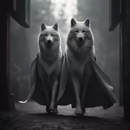 two dogs sit on top of each other in the woods