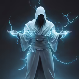 a man is dressed in a white robe and holds his arms out with his hands