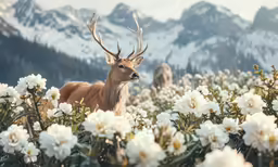 an animal stands among the flowers in the mountains