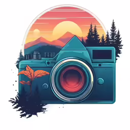 a camera with a mountain landscape is in front of the screen