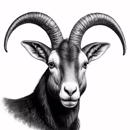 a black goat with long horns that has large curved horns