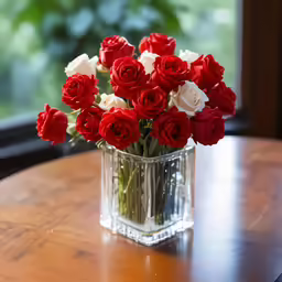 some red, white and blue flowers in a clear vase