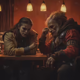 two people are seated and looking at something