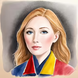 a watercolor and pencil portrait of a woman in red, yellow, blue and white jacket
