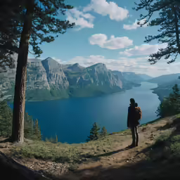 man walking up the trail towards the mountains and water