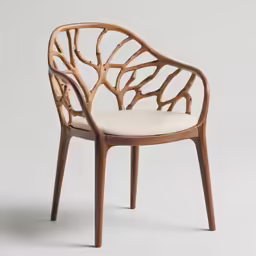 a modern chair with a large wooden armrest and seat, which is shaped to look like a tree branch