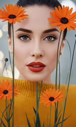 a woman is posing with orange daisies around her