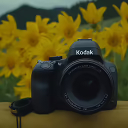a digital camera on the ground near a field of yellow flowers