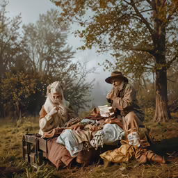 two people in period costumes set up a picnic