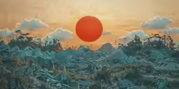a red sphere flying through the air near trees