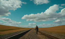 a man walks alone down the tracks towards nowhere
