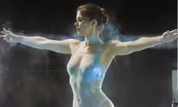 an illustration of a woman in a white bodysuit holding out her hands