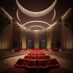 a theater with red seats and lights