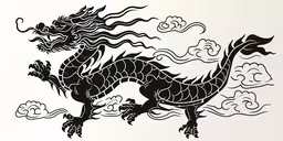 a black and white image of a dragon,a black and white dragon with clouds and water