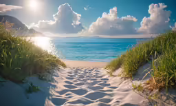 the sun is shining above an ocean beach path