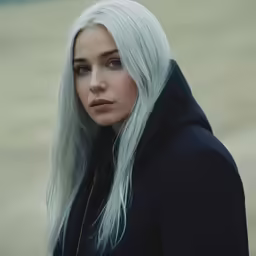 a woman with white hair with a black hoodie
