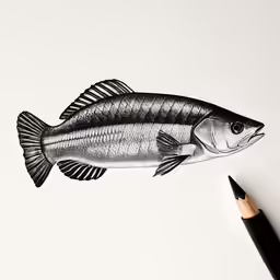 a black and white drawing of a fish
