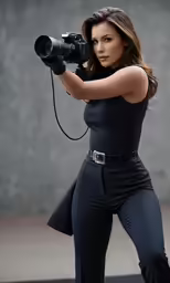 a woman in black jumpsuits and a camera