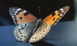 a large yellow and black butterfly on a blue table