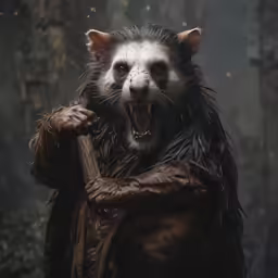 the badger is holding a stick while standing in front of the woods