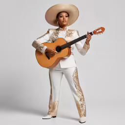 woman in mexican attire holding guitar and standing