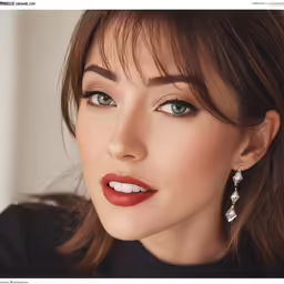 the model has a dark red lipstick on her cheek and is wearing diamond earrings