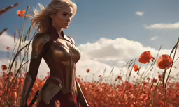 a woman in a suit stands outside in a poppy field