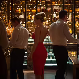 three people at a bar, one in red and the other in white