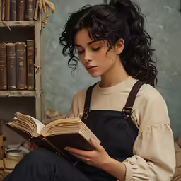 a young woman sits reading in front of books