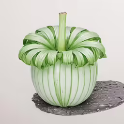 the green apple is shaped like a swirly flower