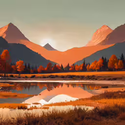 a beautiful orange sunset reflecting the beautiful mountains in the background,sunset lights on an autumn scenery over a mountain range