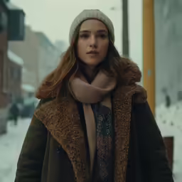 a young woman standing on the side of the road wearing a scarf, a beanie and a green coat