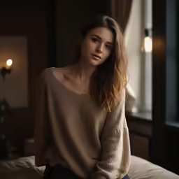 a beautiful young lady sitting on top of a bed