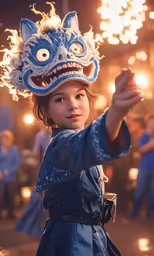 a girl wearing a dragon mask and flying a light in the air