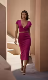 a woman is walking down the sidewalk wearing a pink dress