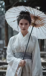 a woman in white holding a fan and walking down a street