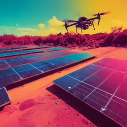 a plane flying over rows of solar panels