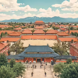 an image of a building and roof in front of mountains