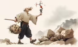 an image of a man with two mask and a spear