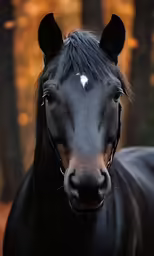 a black horse with dark mane and tail is staring at the camera