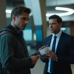 two men are standing close together talking to each other