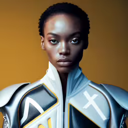 an african american model is wearing grey and yellow,a young black woman with natural skin wearing a white leather jacket