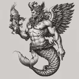a drawing of a man with wings and beards holding a sword
