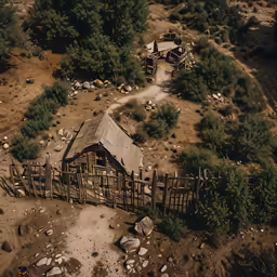 a small cabin is in the middle of a dry, barren field