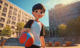 an animated image of a girl holding a large, orange ball in her left hand